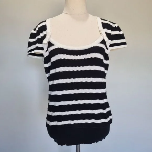 Review Black & White Stripe Bow Detail Cap Sleeve Knit Top Size 14 - Picture 2 of 8